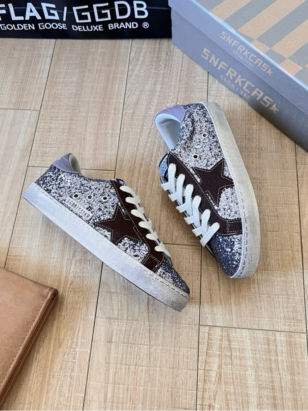 Golden Goose Silver Glitter Sneakers with Brown Star Trim